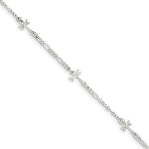 Sterling Silver Dragonfly Figaro Chain Link Adjustable Anklet, 9 Inch